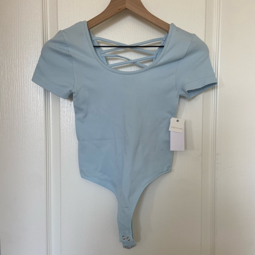 Ultra Flirt Light Blue Crisscross Bodysuit